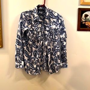 Women’s Long Sleeved Sleeved Button Down, Paisley Pattern, Blue, Black, White